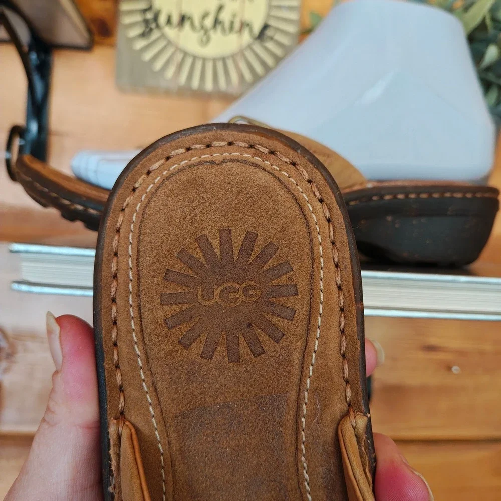 UGG Kamiko Tan Leather Thong Toe Post Wedge Heel Slide On Sandals F60014A Size 5